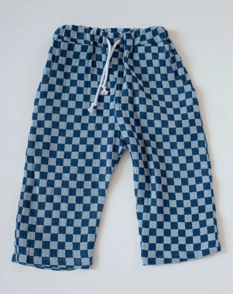 Blue and white checkered pants on a light gray background