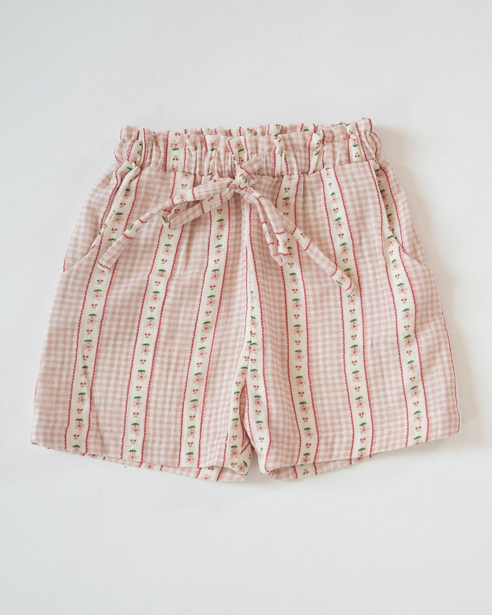 Pink checkered shorts on a white background