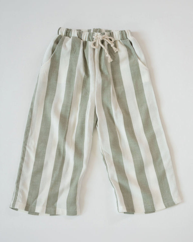 Striped pants with a drawstring waist on a white background