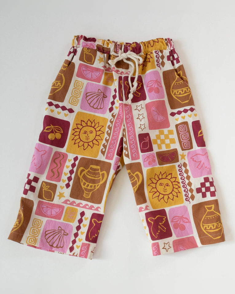 Colorful patterned pants on a white background